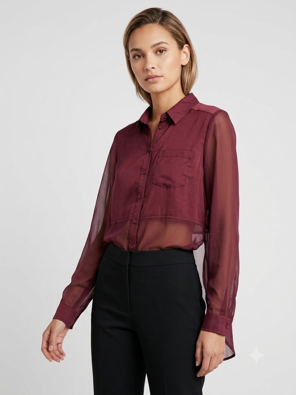 Free People Medium Maroon Sheer Long Sleeve Button Up Blouse High Low Tunic Top